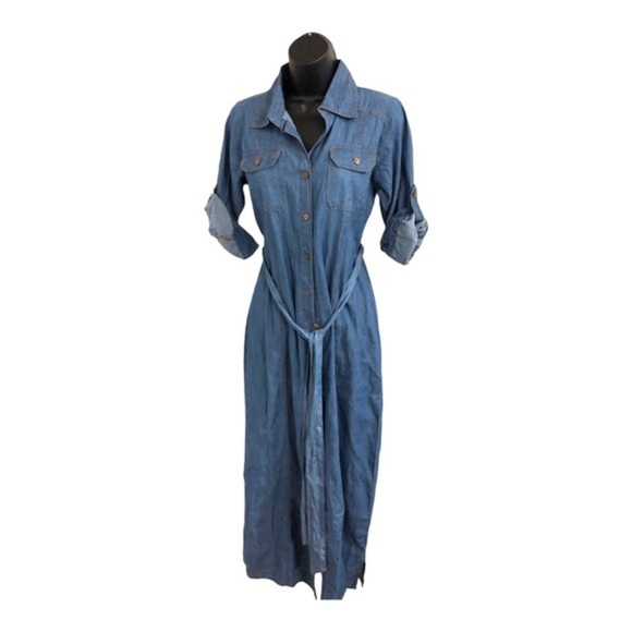 Blue denim‎ fabric button front boho look belted dress size small brand new - Picture 4 of 16